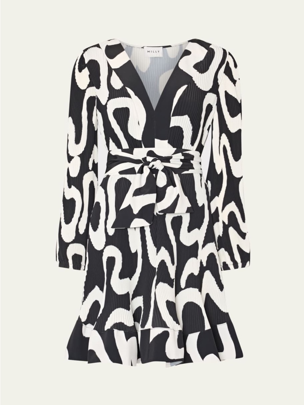 Milly Black and White Abstract Pleated Wrap Dress with Tie Waist - NWT - size 12
